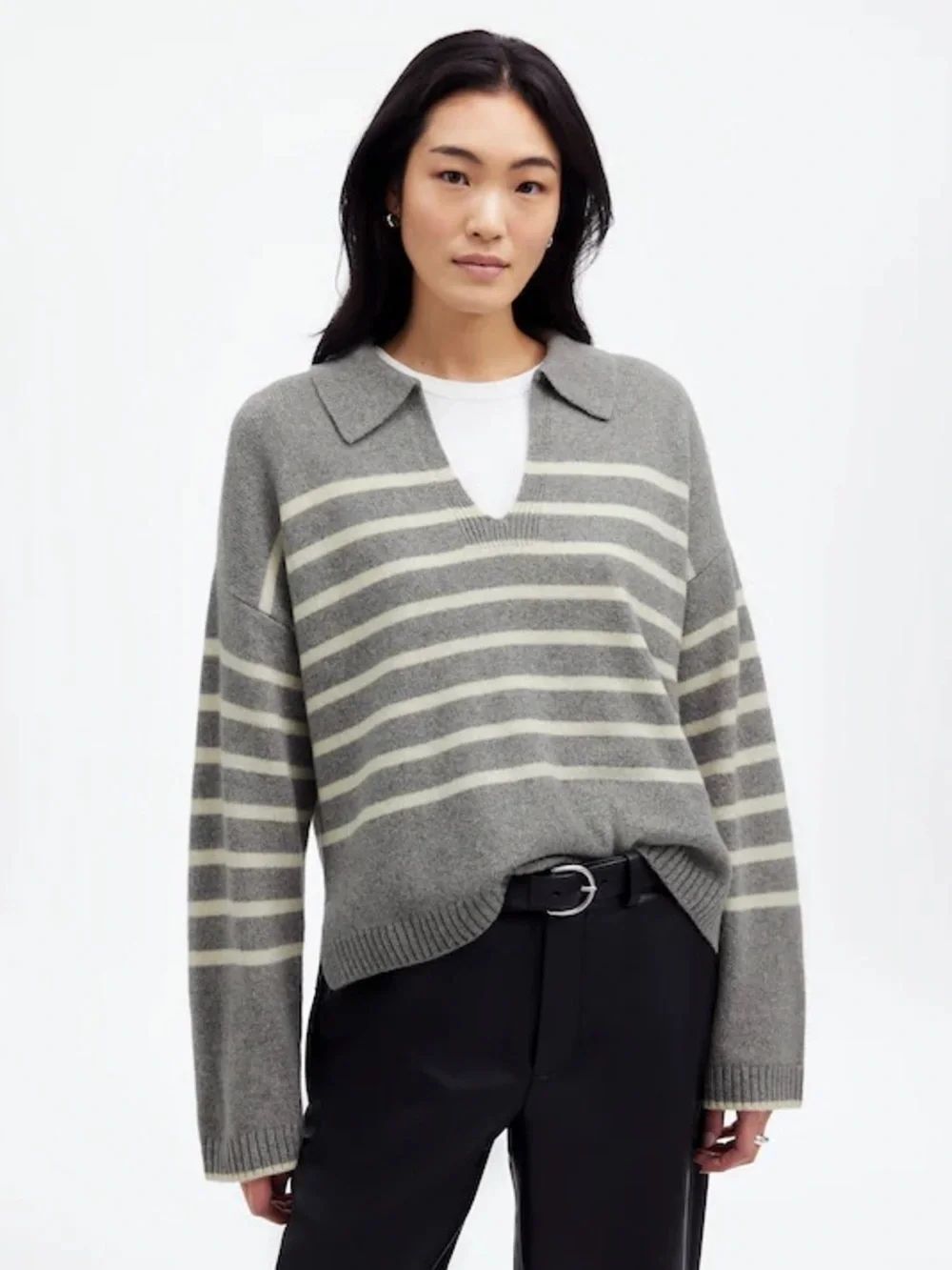 Madewell *BROWN STRIPE* Cashmere-Wool Blend Polo Sweater XS